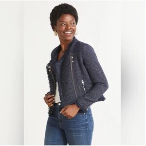 Blank NYC Spring Tweed Moto Zip Jacket Navy Blue‎ Edgy Chic Evereve Size Small
